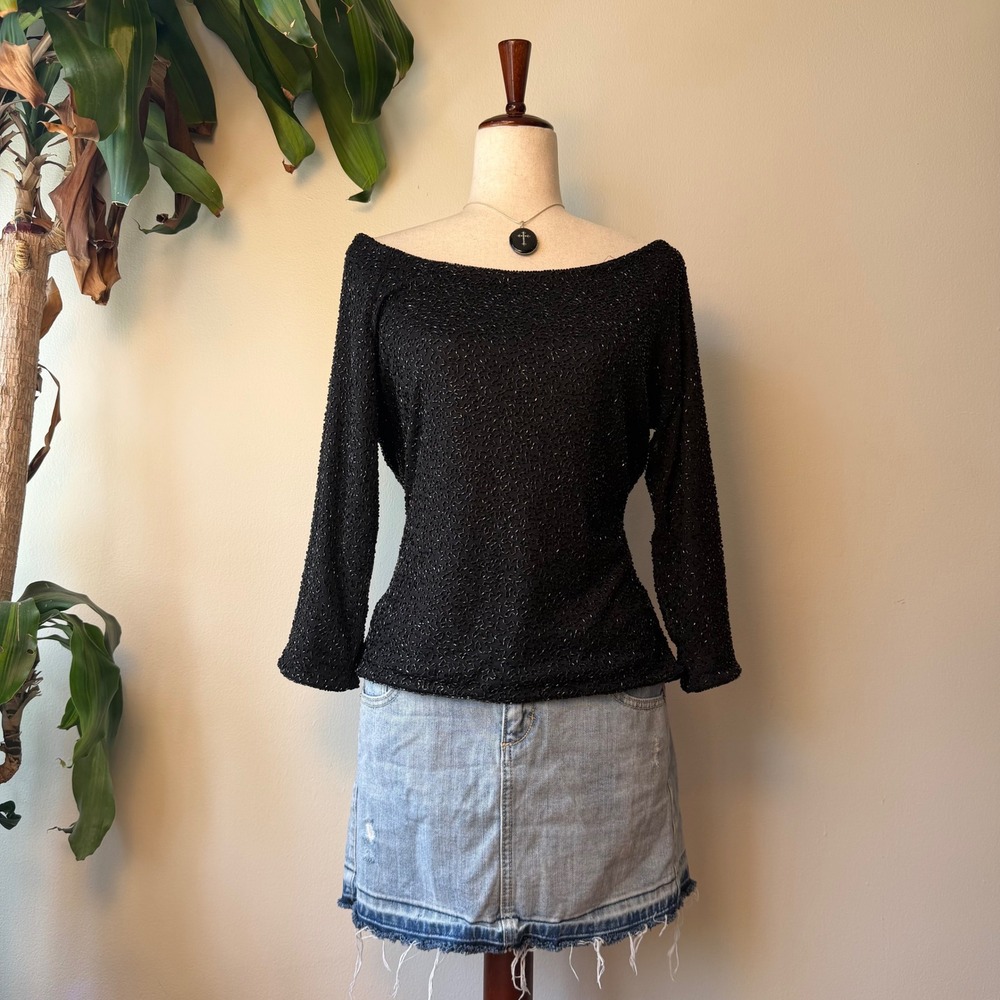Vintage 90s Black Beaded Off Shoulder Top Long Sleeve Medium Evening whimsigoth